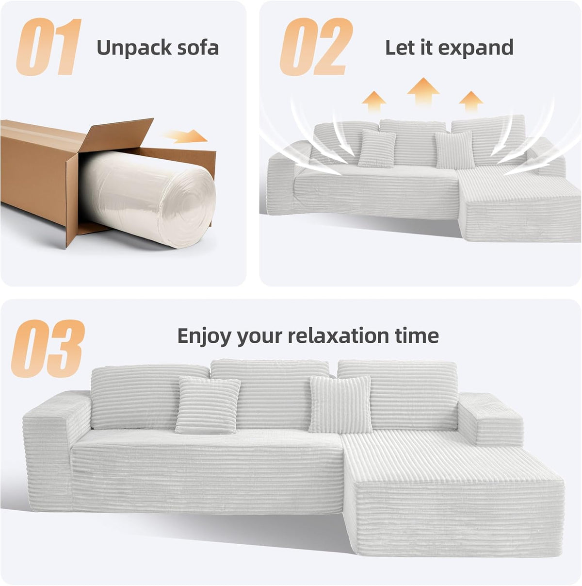 110" Boneless Couch, Cloud Couch Sectional, L-Shape Corduroy Modular Sectional Sofa Deep Seat, Upholstered Couches for Living Room, No Assembly Required