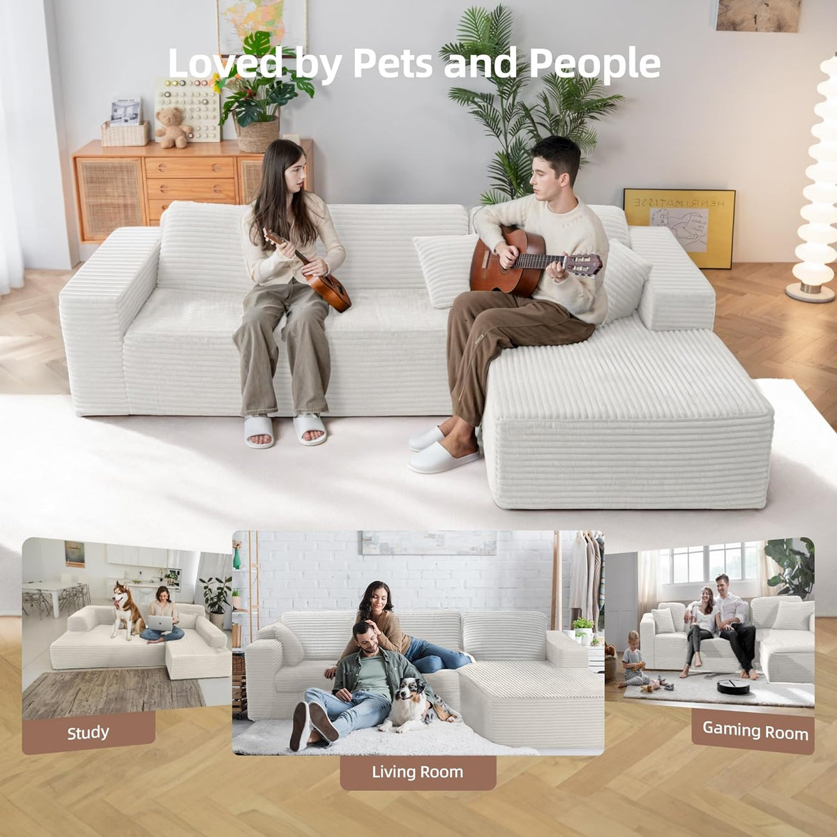 110" Boneless Couch, Cloud Couch Sectional, L-Shape Corduroy Modular Sectional Sofa Deep Seat, Upholstered Couches for Living Room, No Assembly Required